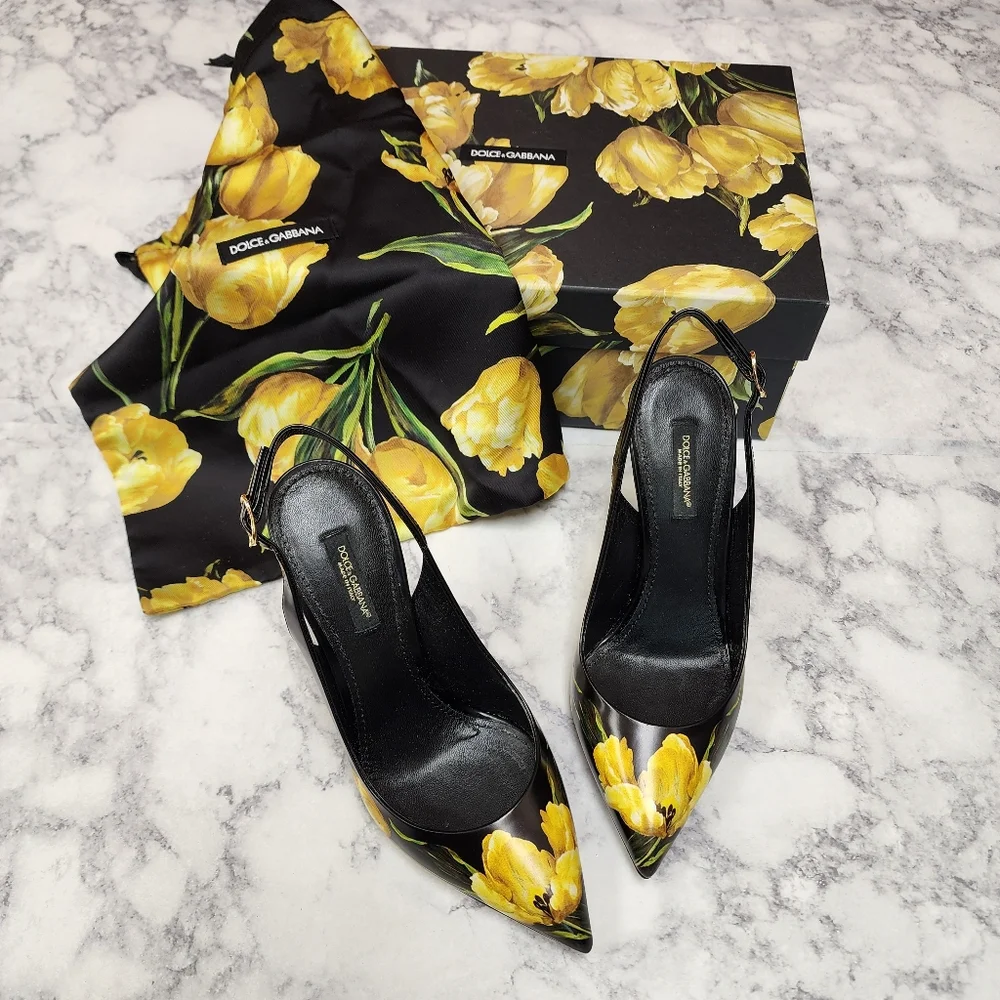 Dolce & Gabbana Floral Black Slingback Heels